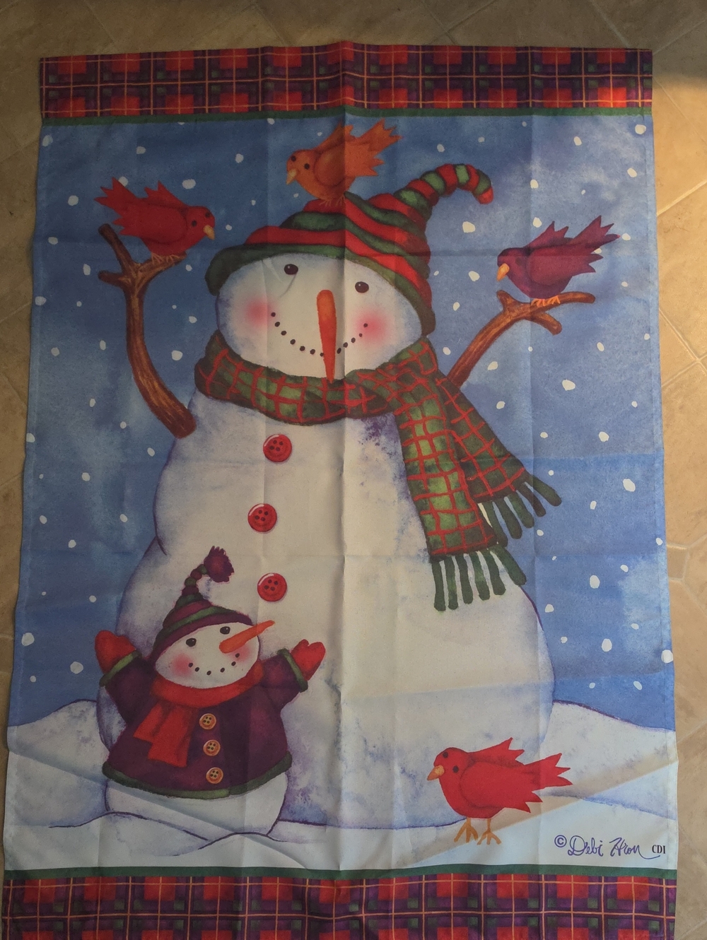 Holiday Snowman Decorative Flag - Blue with Red & Green Accents 28×40